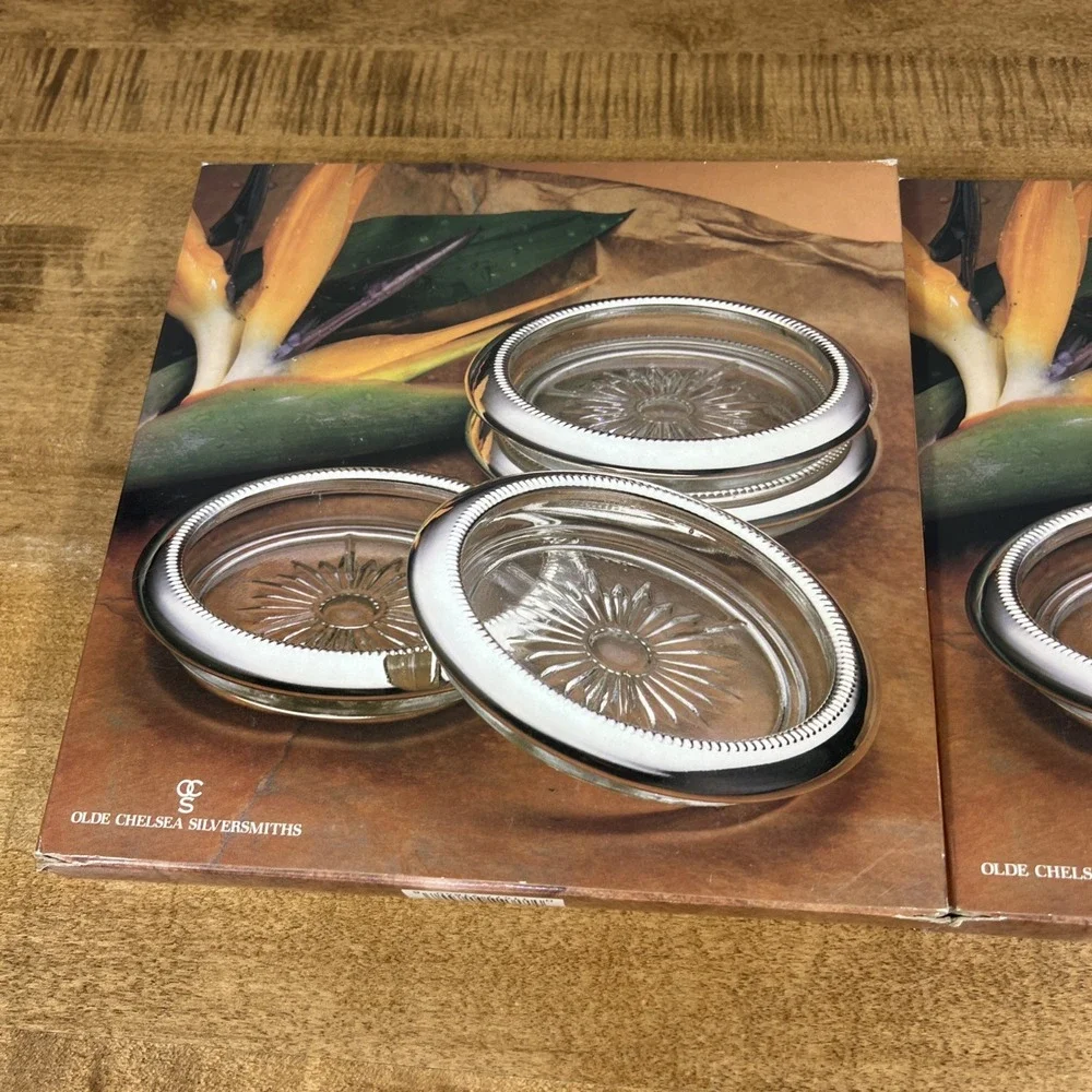 Olde Chelsea Silversmiths Silver plated Glass Coasters Set Of 8 Open Box - Read!